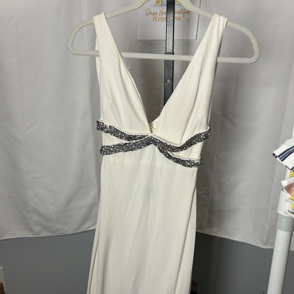 Jovani Ivory V-Neck Evening Gown with Beaded Waist